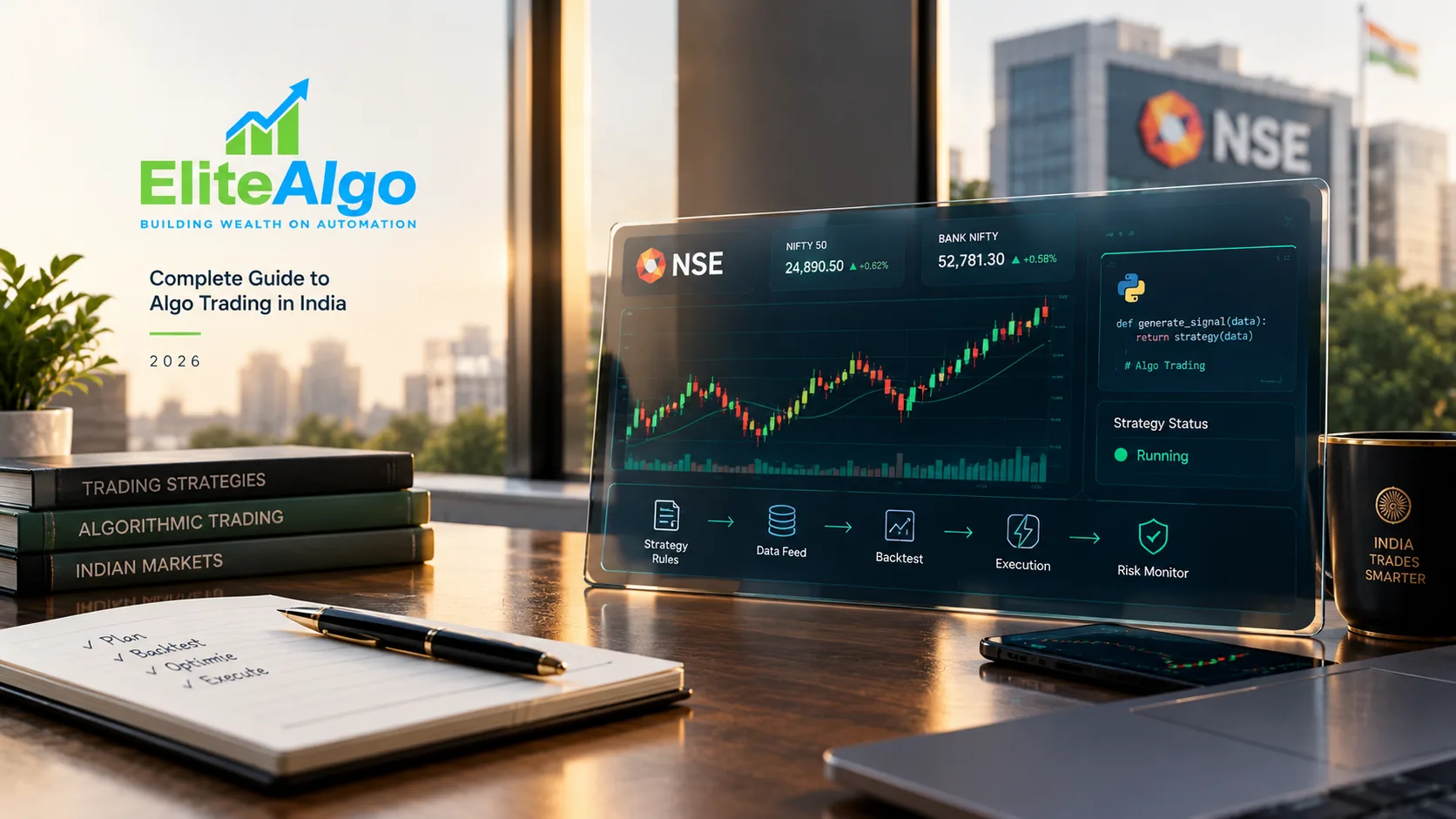 Algo trading dashboard with live NIFTY and Bank Nifty prices, Python strategy code, and an automated backtest-to-execution workflow — complete guide to algo trading in India