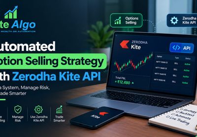 EliteAlgo dashboard for an automated option selling strategy on Zerodha Kite API, showing live NIFTY sell orders and running P&L on laptop and Kite mobile app