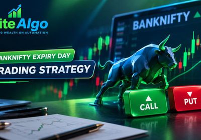 Bank Nifty expiry day trading strategy dashboard showing a rising Bank Nifty candlestick chart with call and put option selling markers