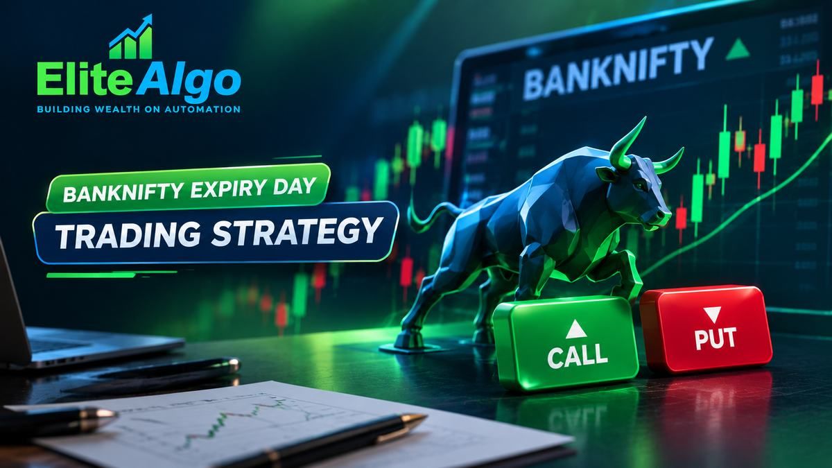 Bank Nifty expiry day trading strategy dashboard showing a rising Bank Nifty candlestick chart with call and put option selling markers — EliteAlgo
