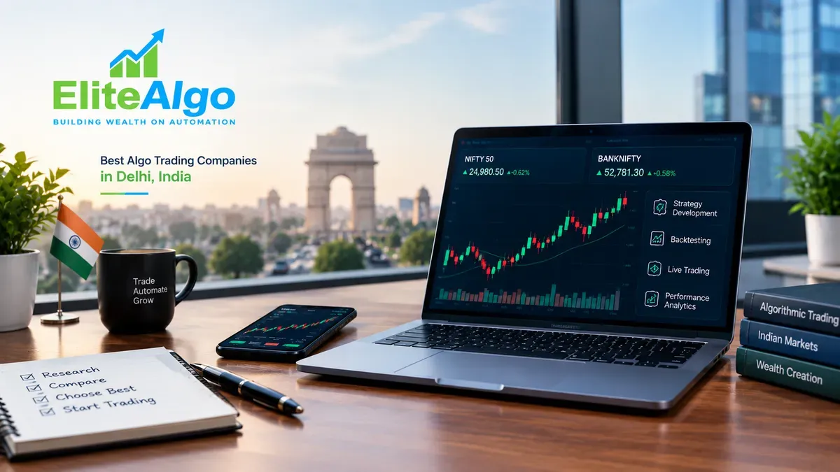 EliteAlgo algo trading dashboard with live NIFTY 50 and Bank Nifty charts on a laptop and phone, India Gate visible in the background