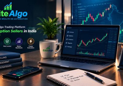 EliteAlgo trading dashboard on laptop and mobile showing automation, risk control, backtesting and faster execution for NIFTY and SENSEX option sellers