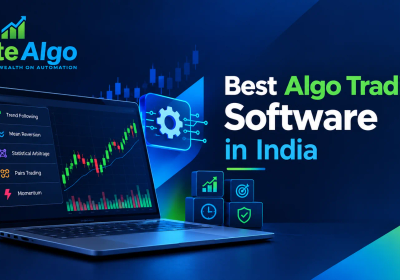 Laptop displaying a live candlestick chart and a menu of algo trading strategies — trend following, mean reversion, statistical arbitrage, pairs trading, momentum