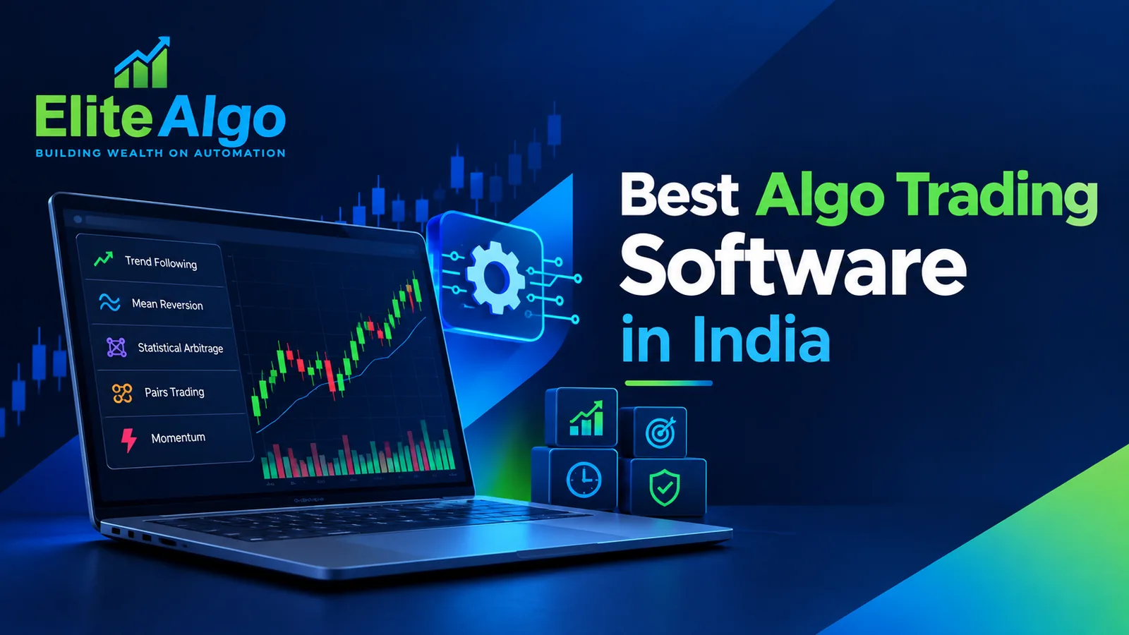 Laptop displaying a live candlestick chart and a menu of algo trading strategies — trend following, mean reversion, statistical arbitrage, pairs trading, momentum