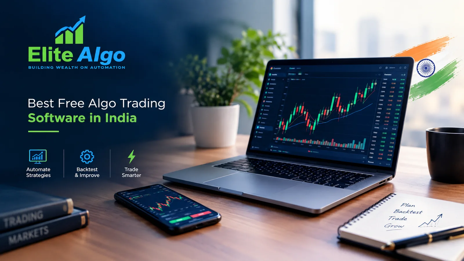 Elite Algo banner for the best free algo trading software in India, showing a laptop and phone with live NIFTY candlestick charts and the Automate, Backtest, Trade Smarter feature icons