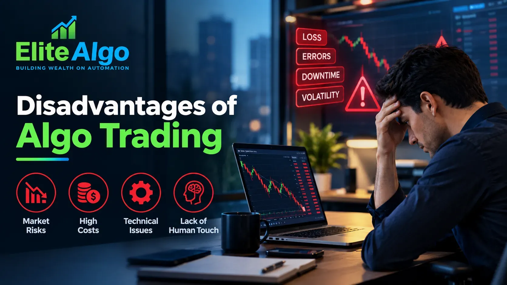 Infographic showing the four main disadvantages of algo trading — market risks, high costs, technical issues, and lack of human touch