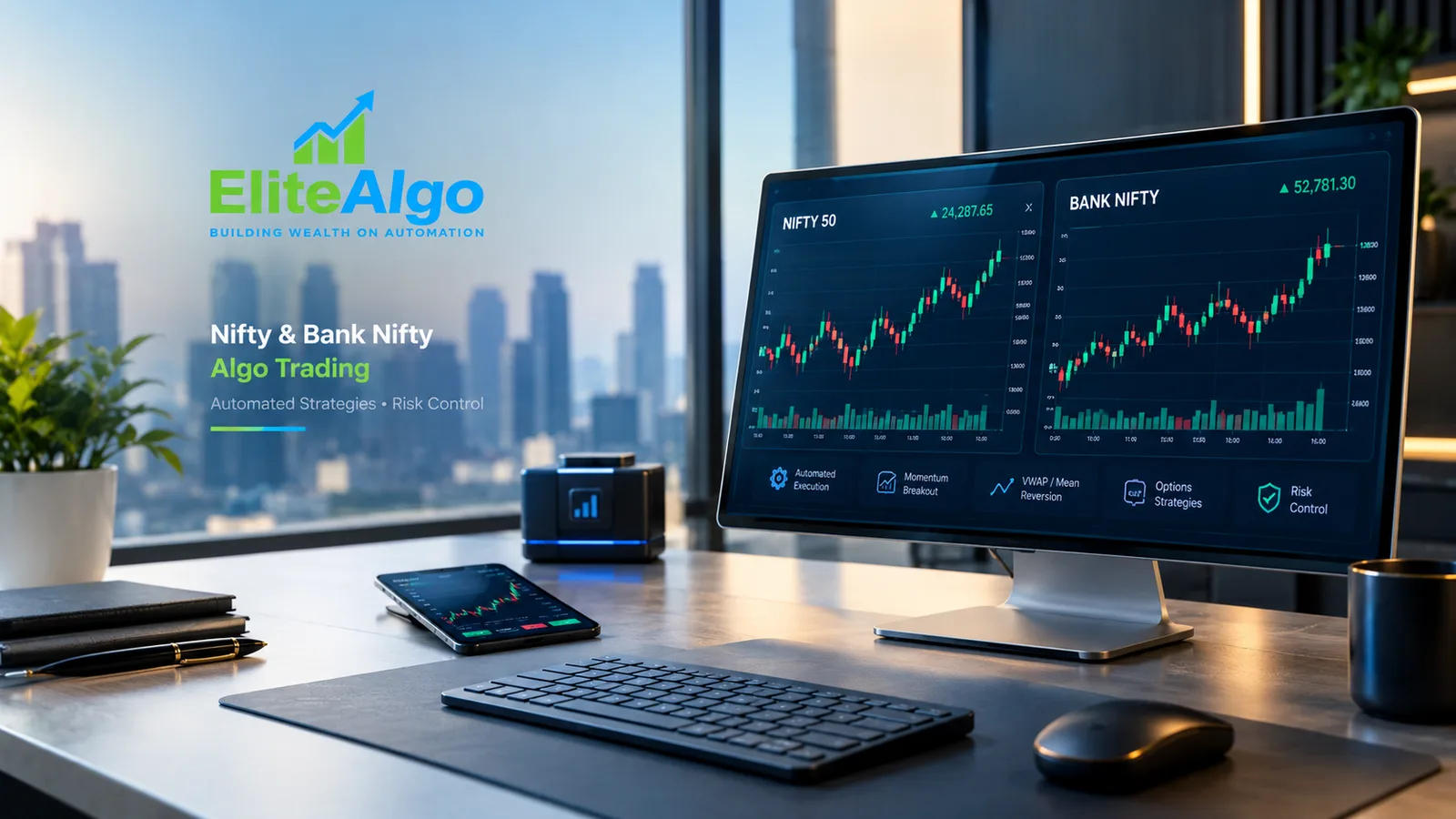 Nifty 50 and Bank Nifty algo trading dashboard with live candlestick charts and automated execution, momentum breakout, VWAP mean reversion and risk control modules