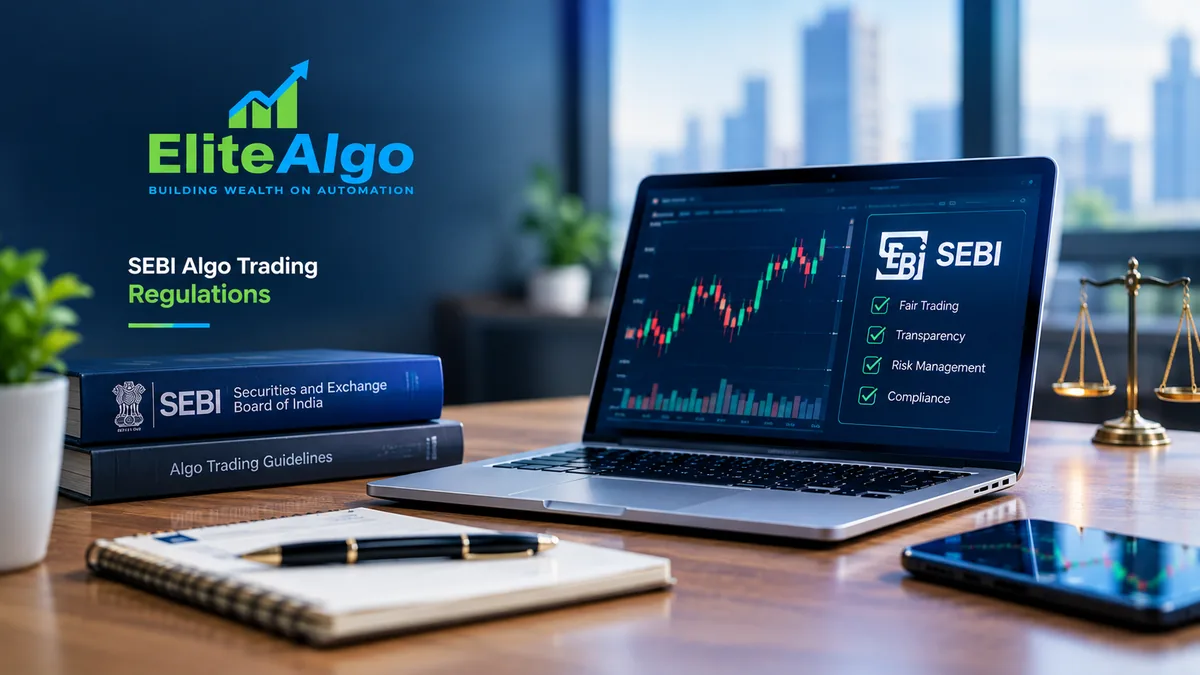 SEBI algo trading regulations compliance checklist — fair trading, transparency, risk management, and compliance — shown on a trading dashboard beside SEBI guideline books