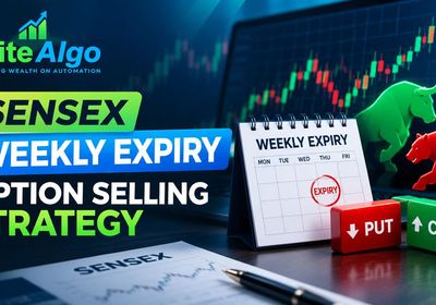 EliteAlgo graphic for the Sensex weekly expiry option selling strategy, showing a weekly expiry calendar marked EXPIRY on Thursday, bull and bear market icons, and red PUT / green CALL option blocks over a rising Sensex candlestick chart