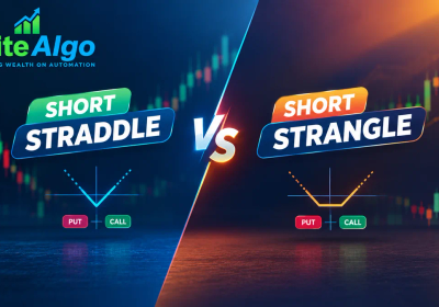 Illustration comparing a narrow straddle payoff curve and a wider strangle payoff curve