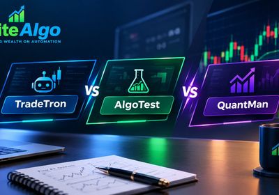 Tradetron vs AlgoTest vs QuantMan algo trading platform comparison — three dashboard screens side by side on a trader's desk
